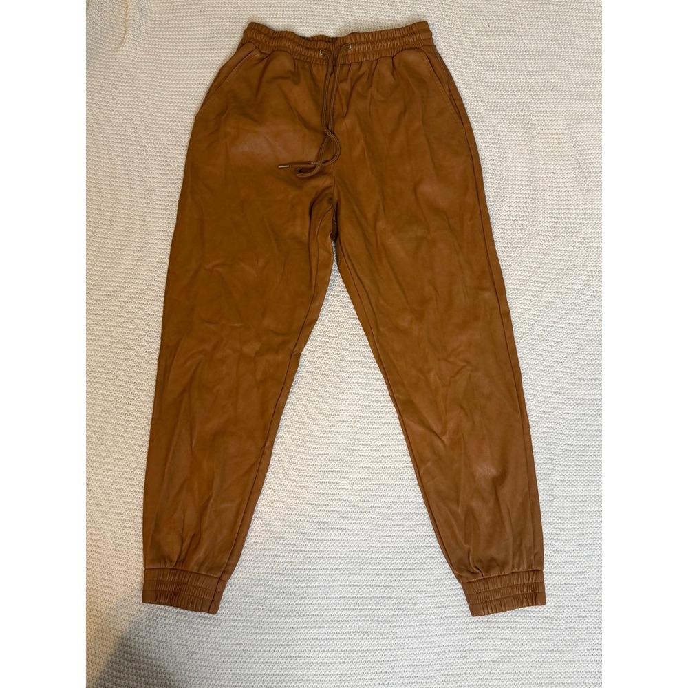 Bagatelle Collection Faux Leather Joggers Cognac Brown Elastic Waist Pants M
